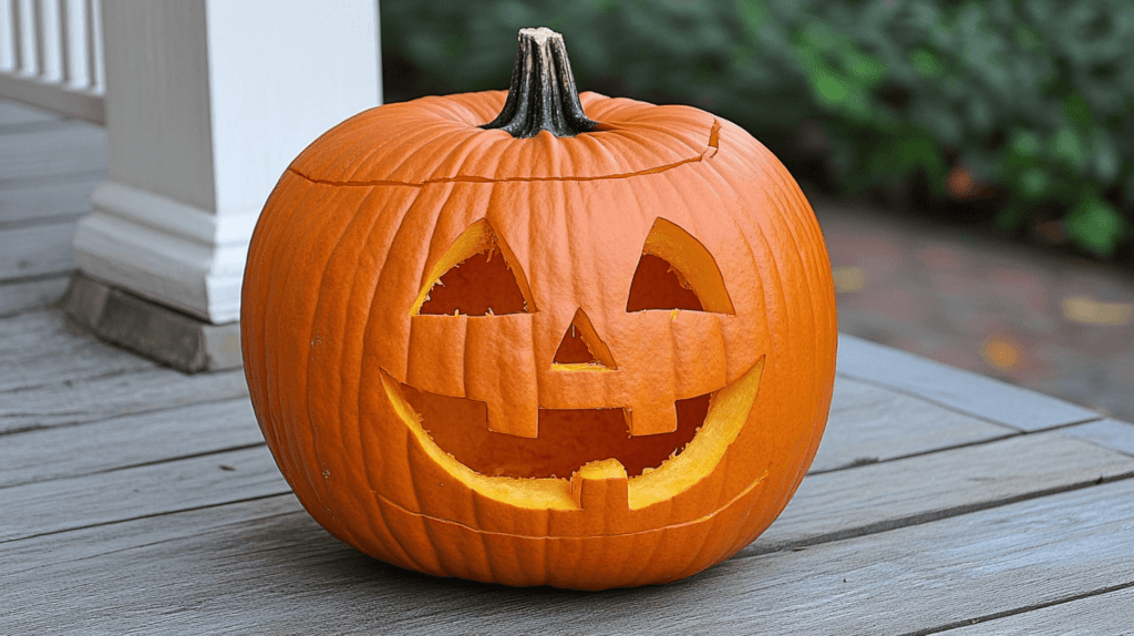 regular pumpkin carved, no light, outside on porch