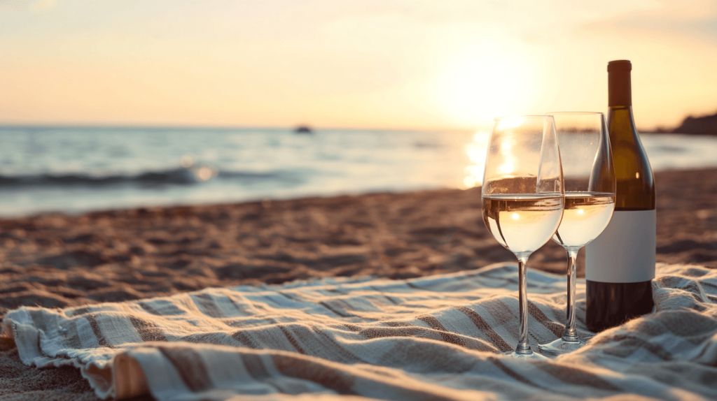 blanket on the beach with wine bottle and two wine glasses