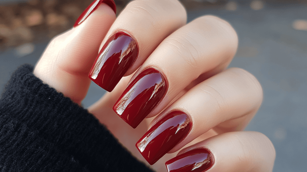 A deep red manicure on a female hand, nails are long and square-cut.
