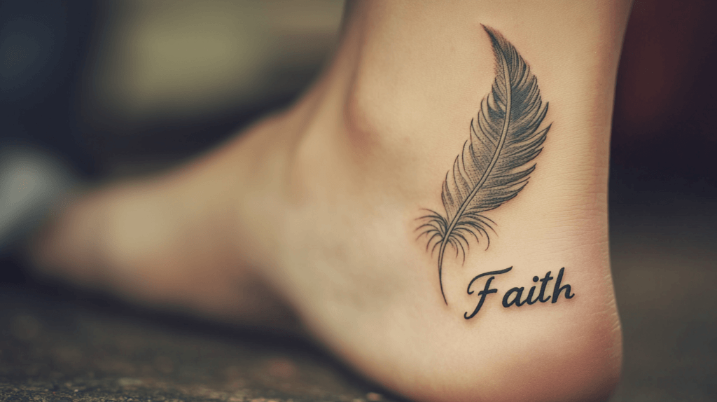 faith tattooed on the ankle with a feather