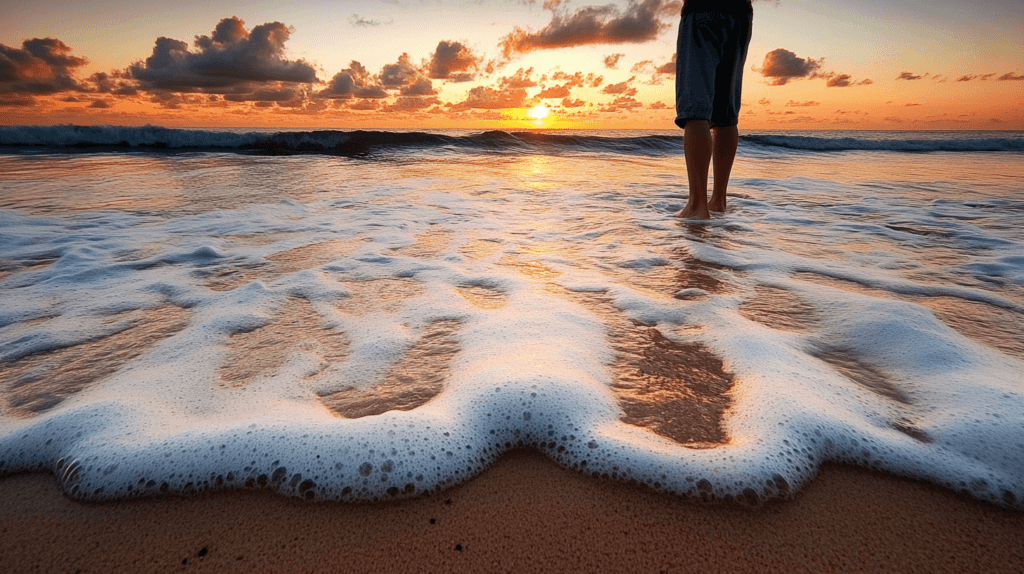 Realistic photo of a person standing near the shoreline with waves gently approaching their feet, capturing the peaceful ambiance of the beach at sunset.

