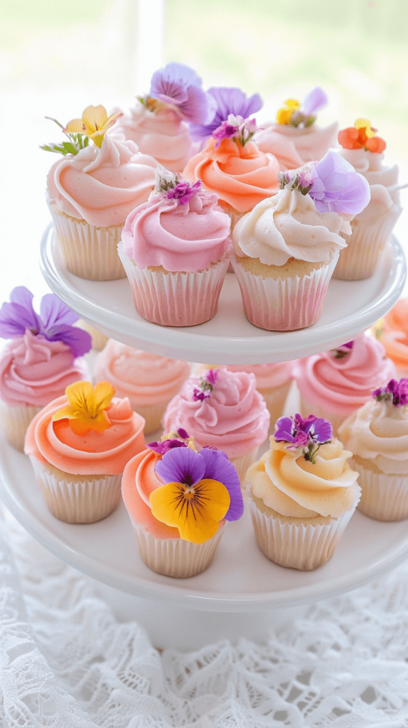 floral cupcakes on a tiered stand