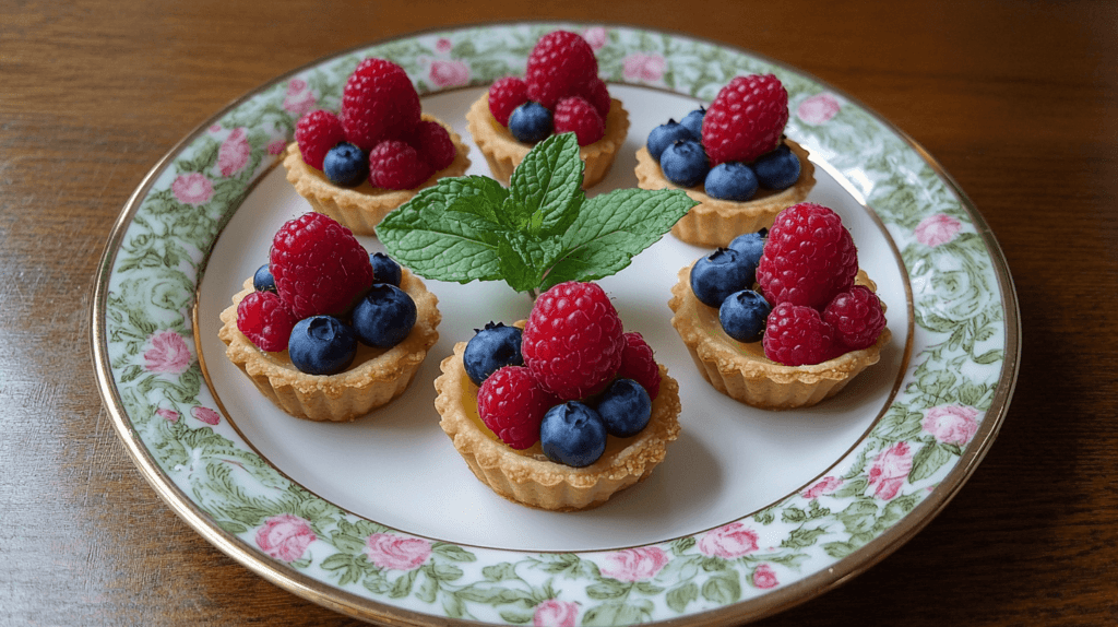 Realistic photo of colorful mini fruit tarts topped with fresh raspberries, blueberries, and a mint leaf on each, arranged on a vintage dessert plate. 