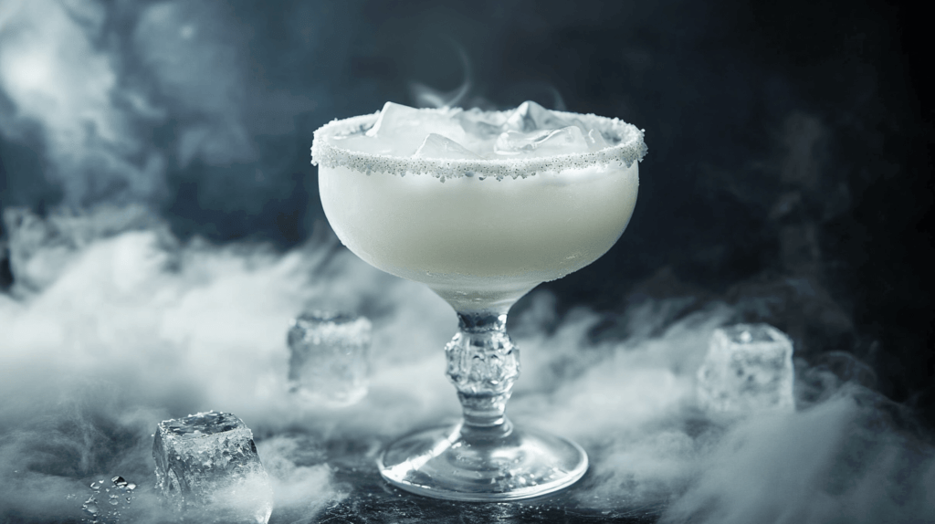 Realistic photo of a Ghostly Margarita served in a margarita glass with white sanding sugar on the rim, filled with a creamy white coconut cream-based drink, and ice cubes, creating a ghostly appearance.