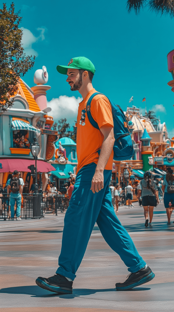 Realistic photo of a man at Disney parks, Disney bounding as Goofy. He’s dressed in an orange shirt, blue pants, and a green baseball hat, walking through Toontown with cartoonish buildings and bright colors around him. 