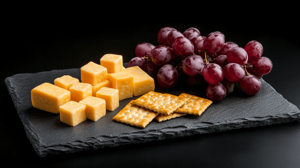 Realistic photo of a mini cheese board featuring cubes of cheddar, small grape clusters, and a few water crackers, served on a dark slate platter.