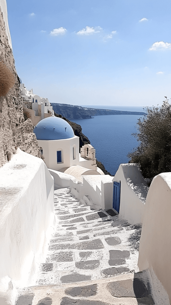 Realistic photo of Santorini's white-washed buildings with blue domes overlooking the Aegean Sea. Travel destinations
