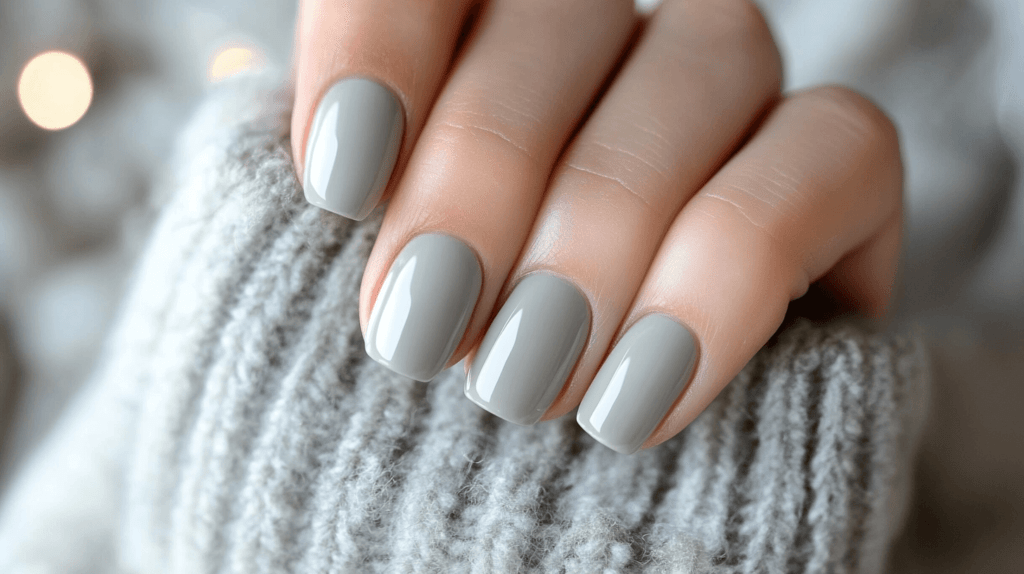 soft gray manicure, woman with gray sweater peeking out under the nails