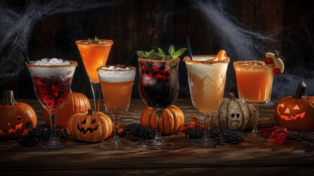 Realistic photo featuring six Halloween cocktails displayed together on a dark, spooky Halloween-themed background. The drinks include a Witch's Brew punch bowl with gummy worms, a Vampire’s Kiss martini with a red sugar rim, a Pumpkin Spice White Russian topped with a cinnamon stick, a Black Widow Smash with muddled blackberries and mint, a Ghostly Margarita with white sanding sugar on the rim, and a Zombie Brain shot with a subtle swirl effect of peach schnapps and Bailey’s Irish Cream. The background includes Halloween decor such as cobwebs, mini pumpkins, and candles, creating a festive and eerie atmosphere. 