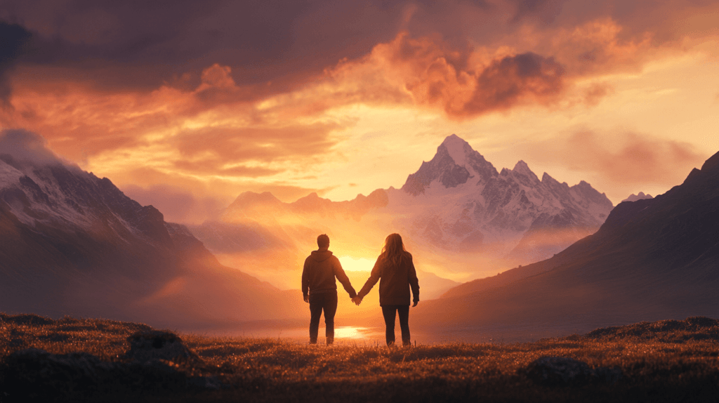 Realistic photo of a couple holding hands in front of a large mountain range at sunset, with soft light and a sense of togetherness in the scene.

