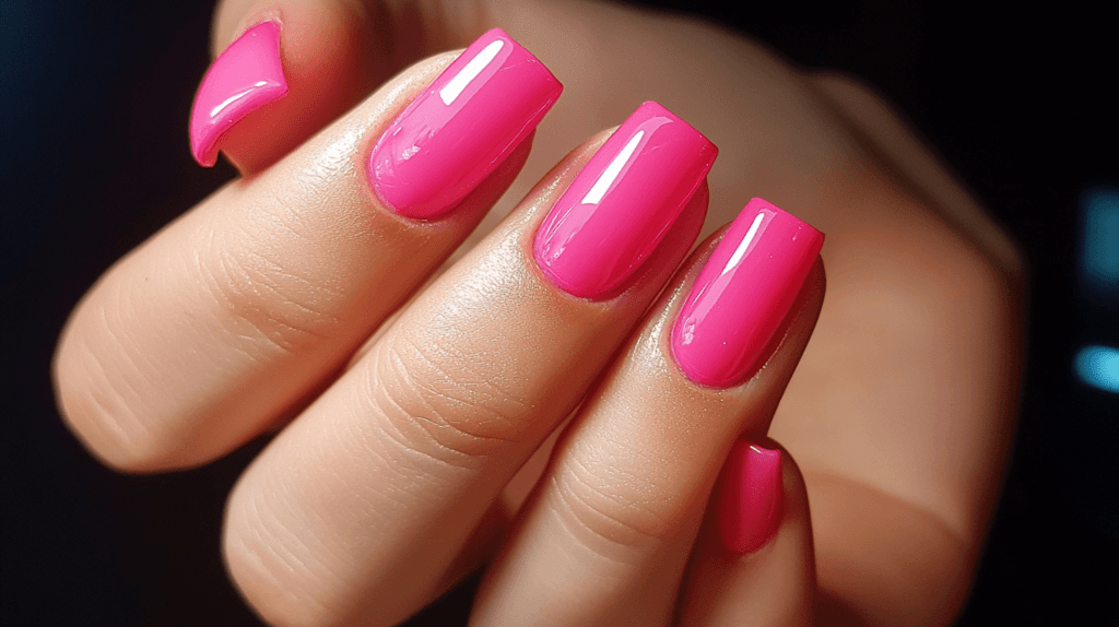 A female hand with a hot pink manicure, nails are slightly longer with a soft, square shape.
