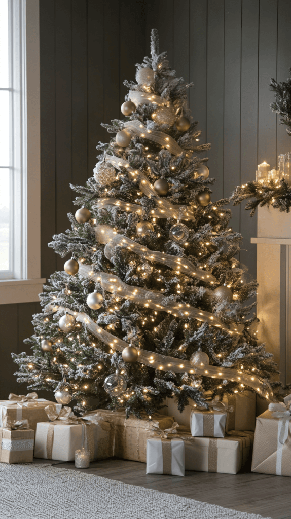 A Christmas tree decorated with layers of different-sized lights, starting with large vintage-style bulbs and topped with delicate twinkle lights. The tree is adorned with simple ribbon instead of garland, creating a soft, glowing effect that feels both elegant and festive.