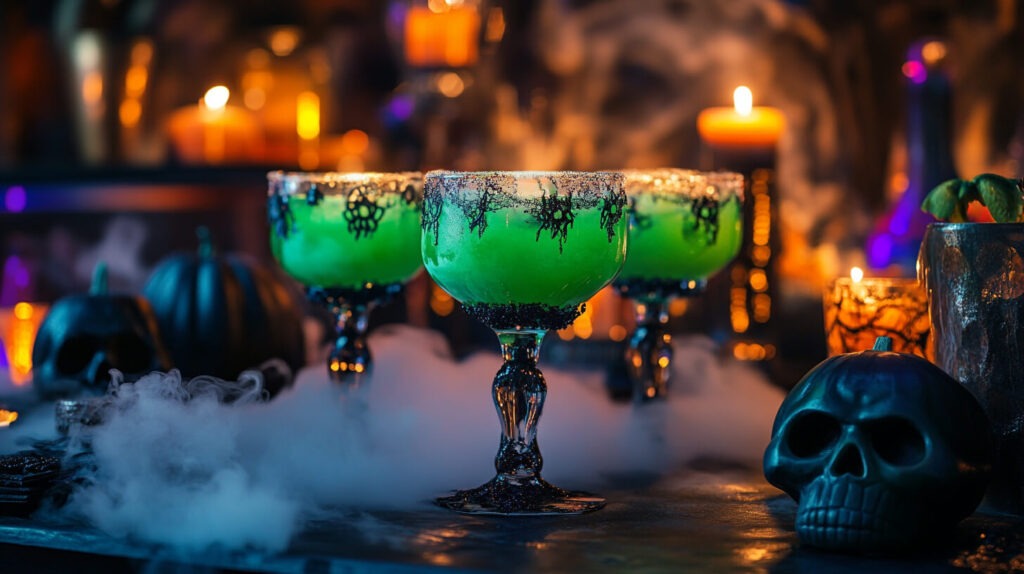 A Halloween-themed cocktail station with eerie green drinks served in spooky glasses, surrounded by decorative skulls, glowing candles, and fog created by dry ice, set against a backdrop of dark, moody lighting with hints of orange and purple accents.