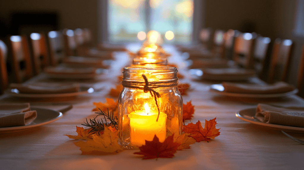 A Thanksgiving table featuring mason jars filled with tea lights as the centerpiece, accompanied by a scattering of colorful fall leaves down the middle. The table is set with simple white plates and cloth napkins tied with twine and sprigs of rosemary, creating a warm and rustic feel with soft, glowing candlelight.