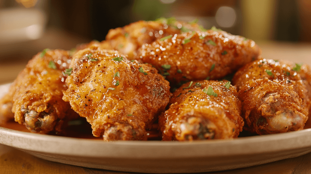 A close-up of golden, crispy chicken wings arranged neatly on a platter, with a light glaze of sauce, surrounded by a few scattered fresh herbs, served on a rustic wooden table with warm, natural lighting. Party snacks. 