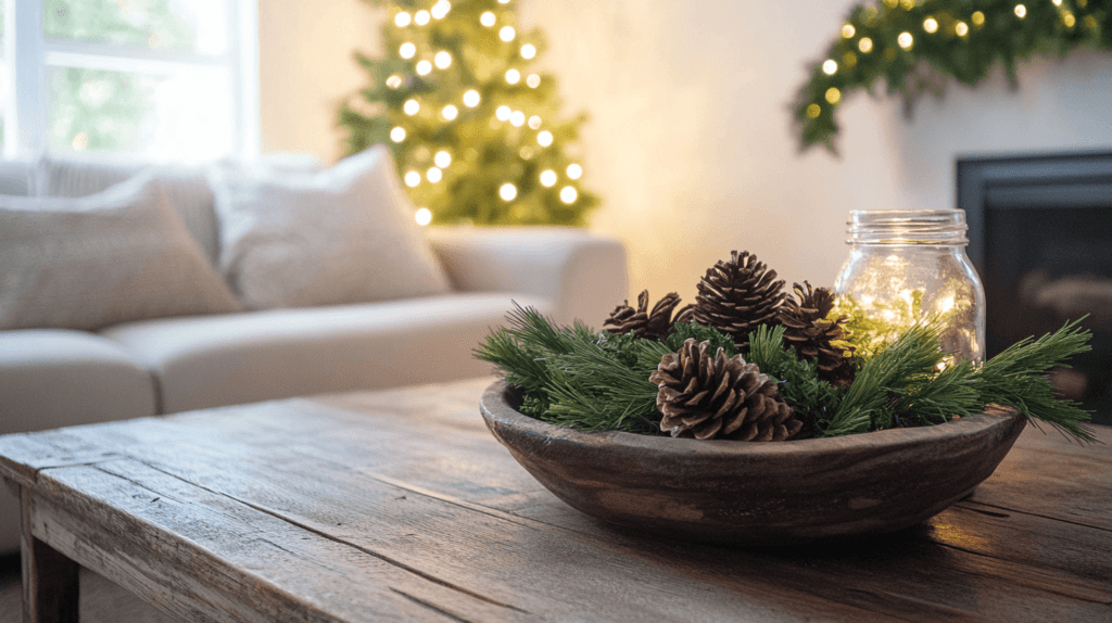 A cozy Christmas scene featuring a bowl of pinecones and greenery placed on a wooden coffee table. Nearby, a single mason jar filled with twinkling fairy lights adds a soft, warm glow to the room. The space feels simple and festive with natural elements bringing a rustic charm.