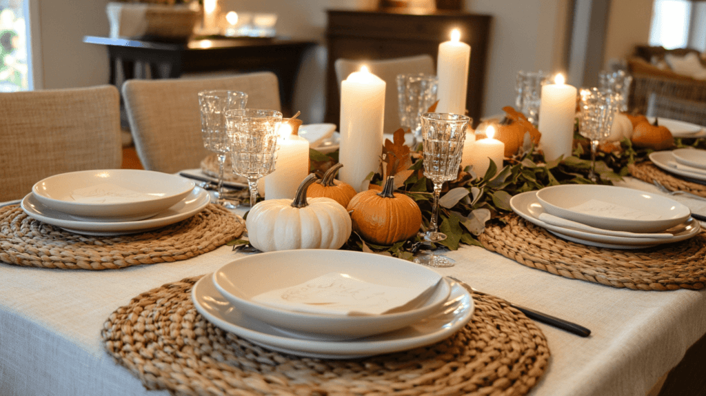 A cozy Thanksgiving table with a neutral tablecloth, simple white plates, woven placemats, and a centerpiece of small pumpkins and pillar candles in warm tones. The table setting includes rustic touches like a burlap runner, scattered autumn leaves, and greenery. Soft lighting enhances the warm and inviting atmosphere.