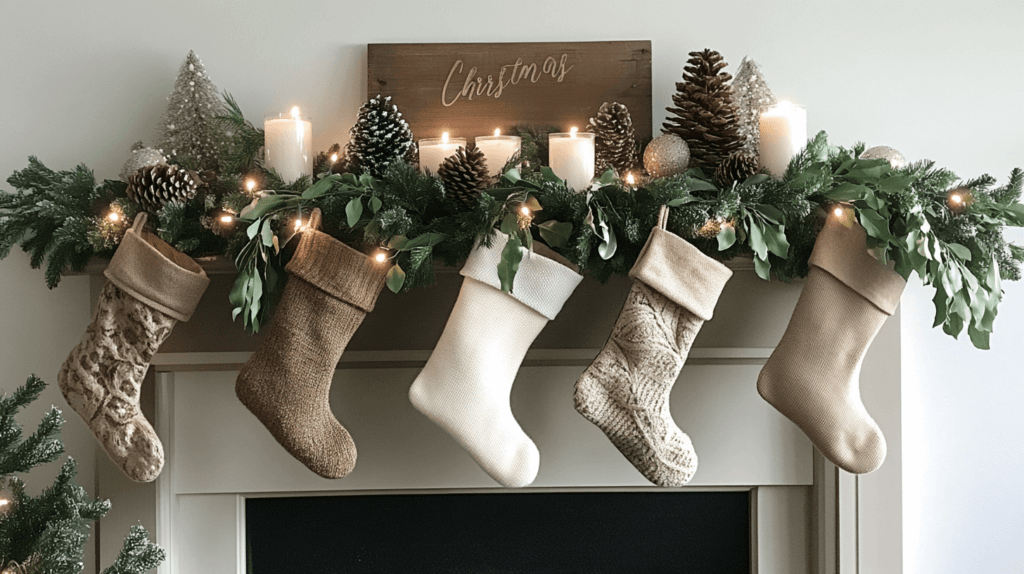 A cozy mantel decorated for Christmas with stockings hanging neatly, wrapped in fairy lights. The mantel is adorned with fresh greenery, pinecones, and a few candles glowing softly. A simple rustic touch is added by a wooden sign and a sprig of holly, creating a warm and inviting holiday scene in the living room.
