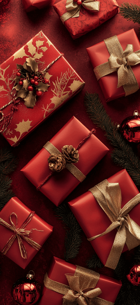 presents wrapped in red paper and gold ribbons Christmas wallpapers