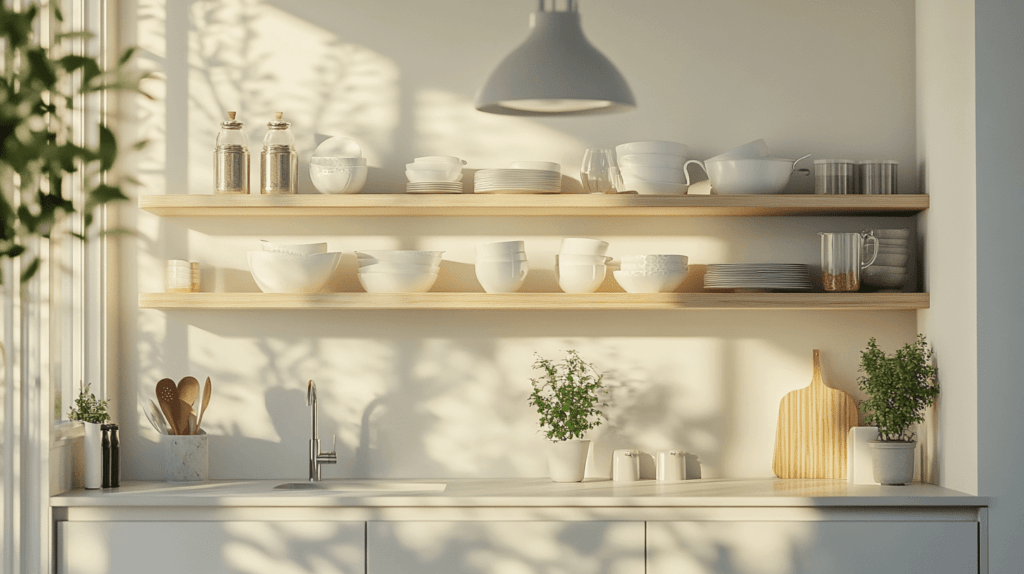 kitchen with open shelves on the walls and home decor