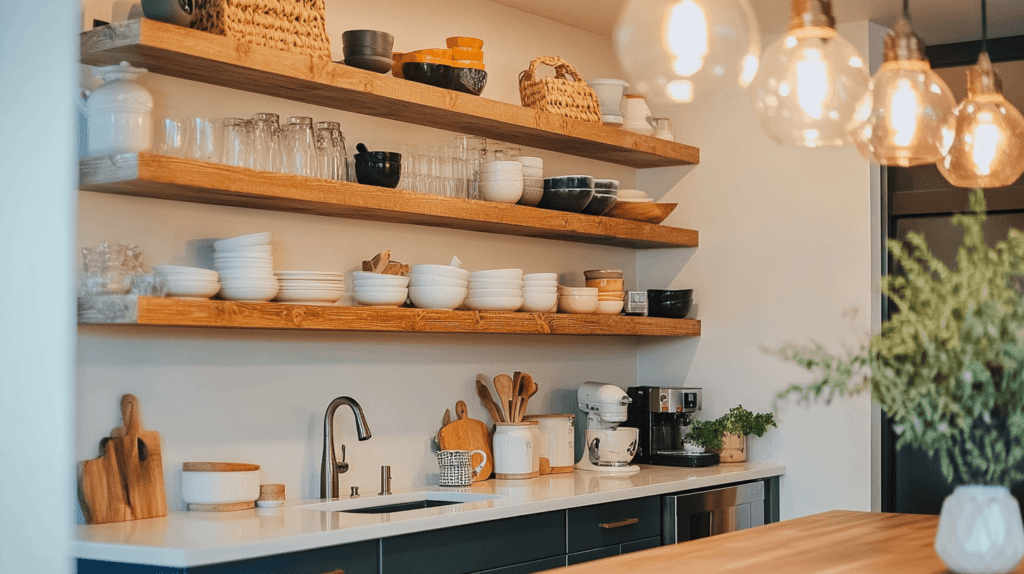 A kitchen with open shelving displaying neatly arranged dishes and decorative items, featuring a modern pendant light fixture hanging over a clean and organized countertop with a small potted plant for a touch of greenery. 