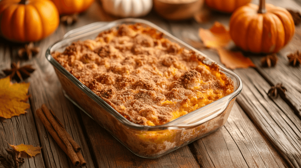 A rectangular pumpkin dump cake fresh out of the oven, with a golden brown, slightly crumbly top, sitting on a wooden kitchen table. The cake is in a rustic glass baking dish, surrounded by simple fall decor like small pumpkins and a light dusting of cinnamon nearby. Warm, natural lighting from a window softly illuminates the scene. 