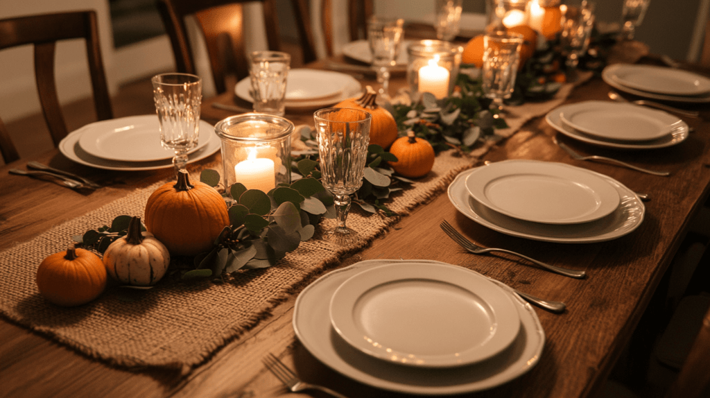 A rustic Thanksgiving table featuring a burlap runner down the center, surrounded by simple white plates and silverware. In the middle, a row of small pumpkins and gourds, paired with a garland of eucalyptus leaves, adds a natural, seasonal touch. The overall atmosphere is cozy and warm, with soft candlelight illuminating the table.