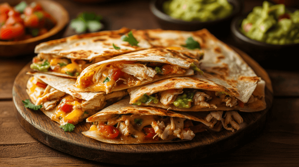 A sizzling skillet of golden brown chicken quesadillas, filled with melted cheese, shredded chicken, and sautéed veggies, each cut into triangles and stacked neatly on a rustic wooden plate. The scene is set on a kitchen counter, with a side of fresh guacamole and salsa, with warm lighting emphasizing the crispy edges and gooey insides.