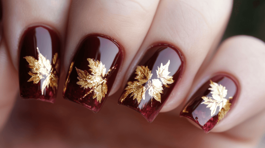 deep burgundy with gold leaves