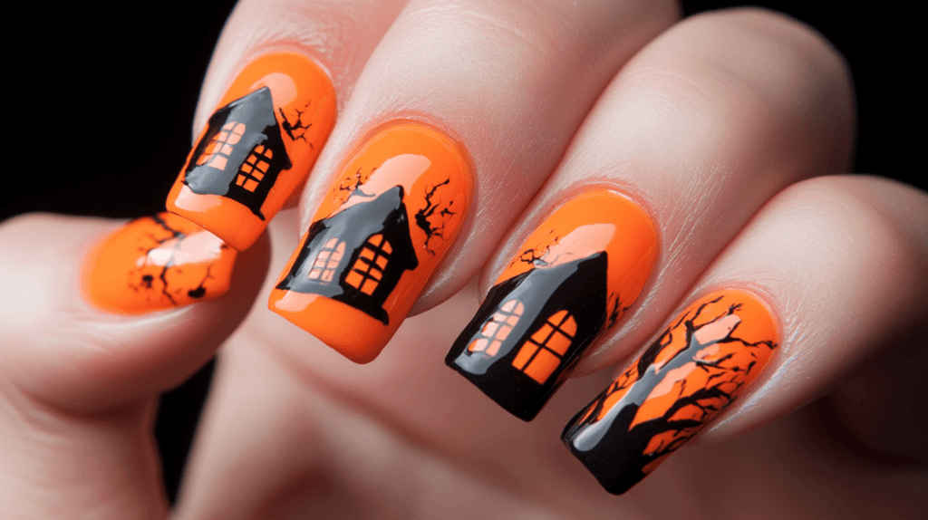 black haunted houses on an orange nail background