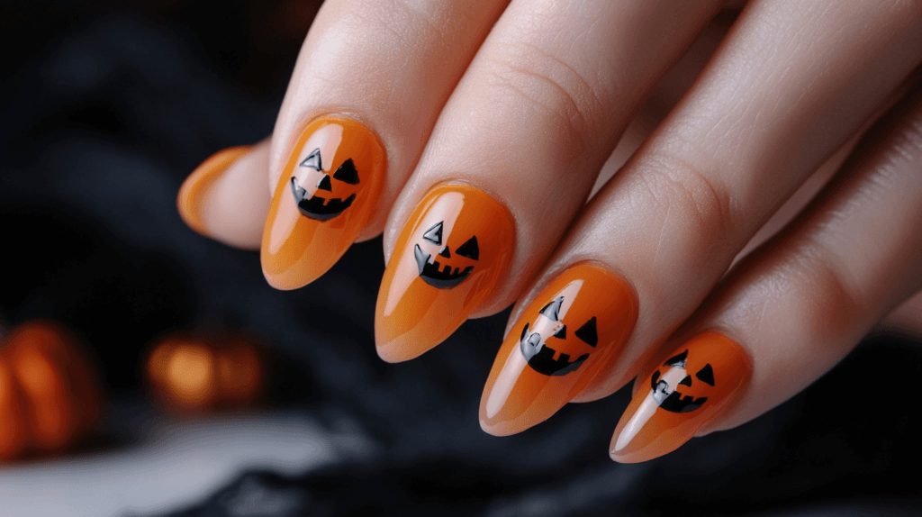 Photo of Halloween nails with tiny jack-o'-lantern faces on a female hand.
