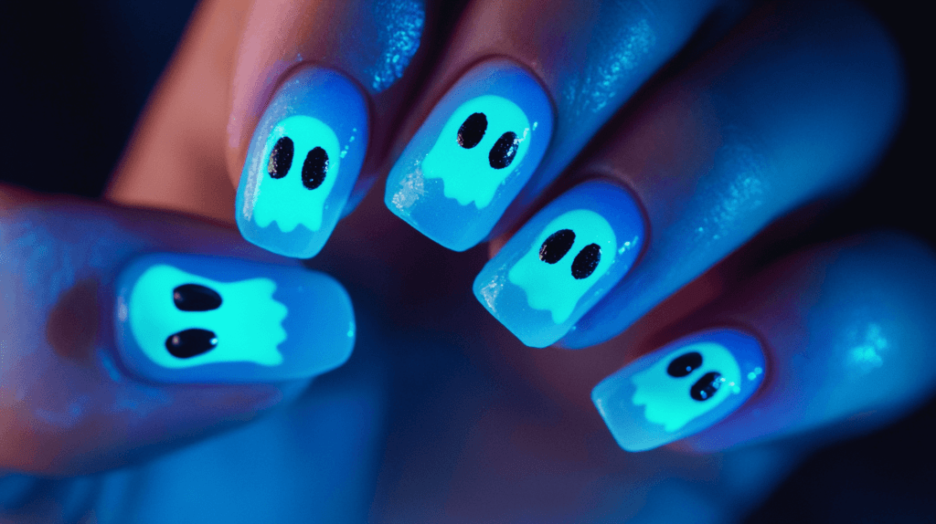 Photo of glow-in-the-dark Halloween nails with tiny ghost faces on a female hand.
