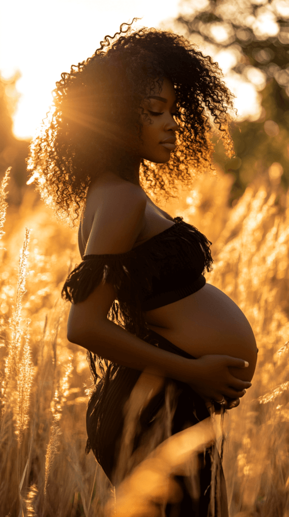 Realistic photo of a black pregnant woman standing in a field of tall grass, gently holding her baby bump with one hand while the other hand rests on her back, the sun setting behind her creating a warm glow, with a peaceful and natural atmosphere.
