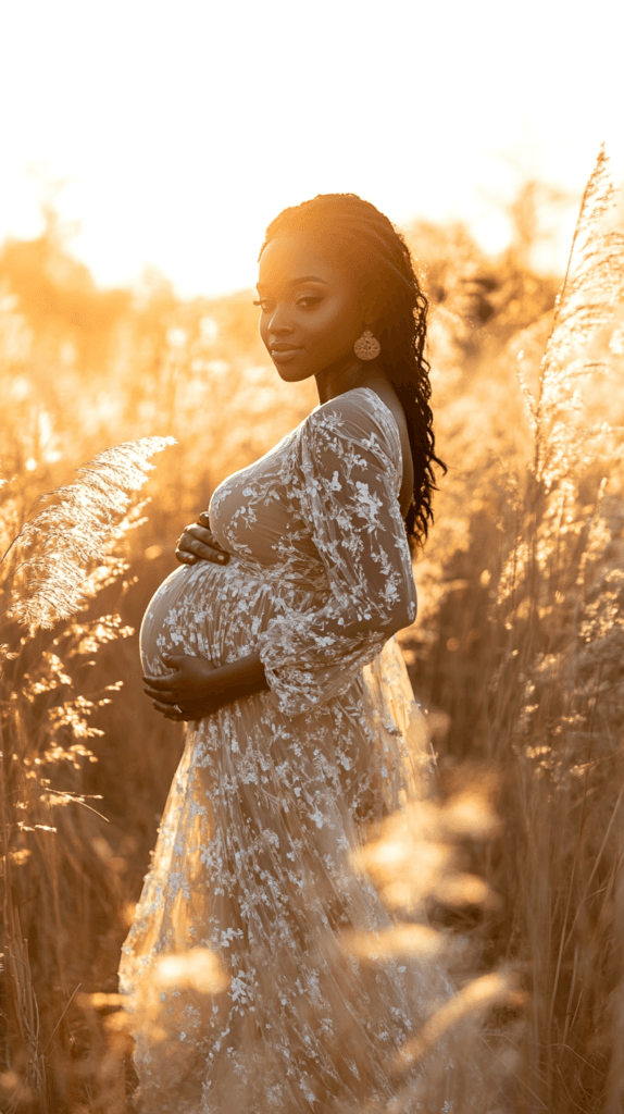 black pregnant woman standing in a field of tall grass, gently holding her baby bump with one hand while the other hand rests on her back, the sun setting behind her creating a warm glow; pregnancy photos