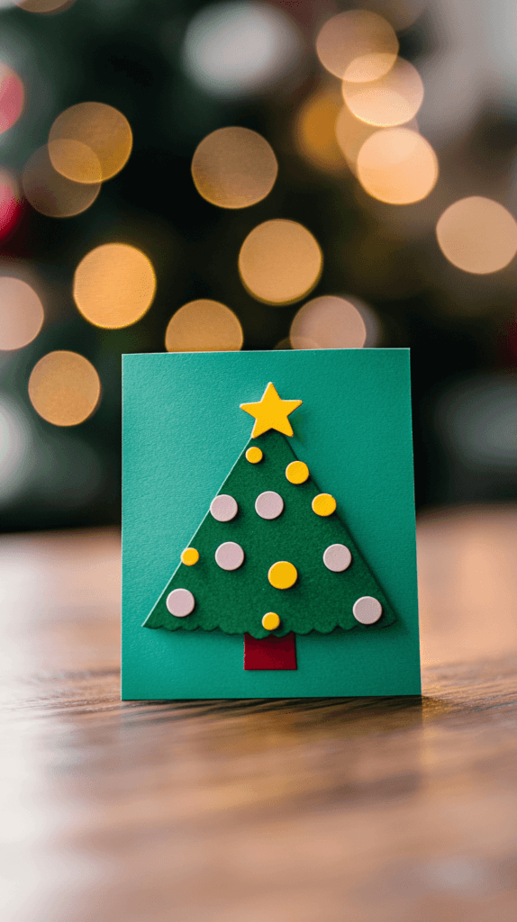 Realistic photo of a handmade Christmas card with a simple green cardstock tree design, decorated with small circular ornaments and a yellow star on top, placed on a wooden table.