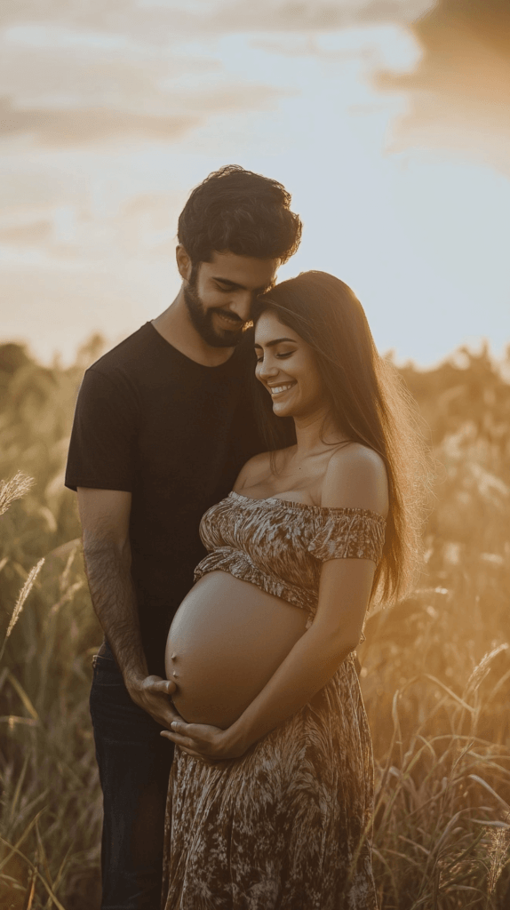 Realistic photo of a pregnant couple standing in a field, the man behind the woman with his hands on her belly, both smiling and looking at each other, with tall grass and a soft sunset glow in the background.
