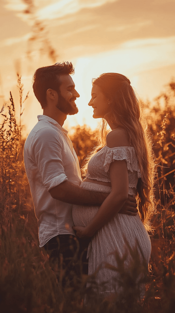 pregnancy photos, pregnant woman facing her partner during sunset in a field