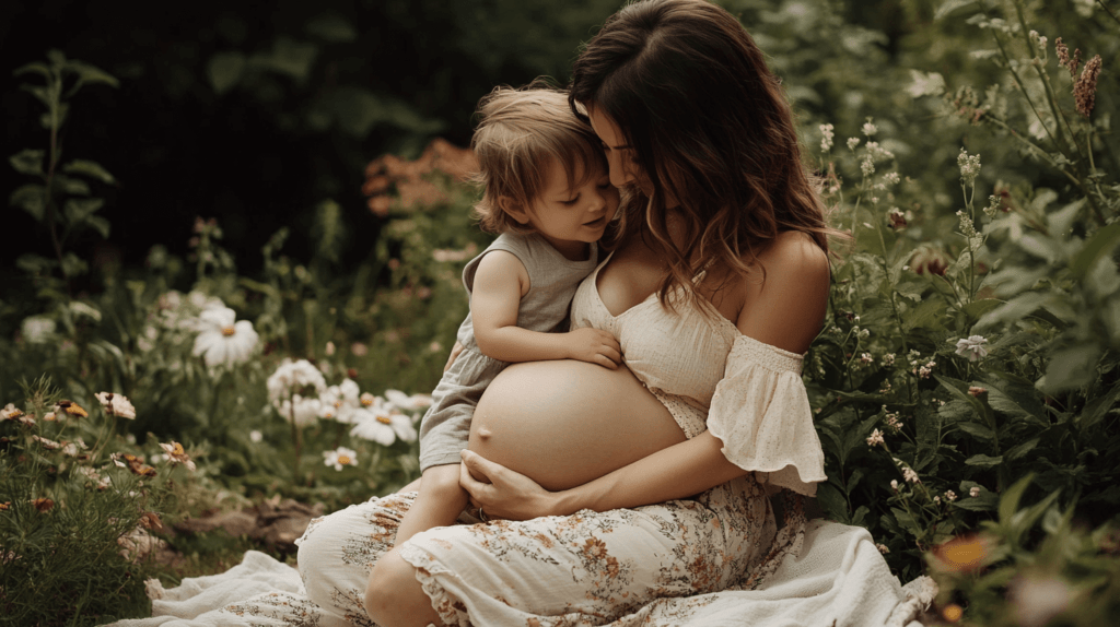 Realistic photo of a pregnant woman sitting on a blanket in a garden, her toddler gently kissing her baby bump while she smiles and holds her toddler close, surrounded by soft greenery and flowers in the background.