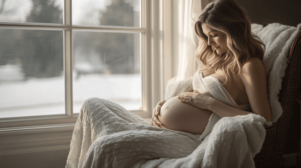 Realistic photo of a pregnant woman sitting on a cozy chair by a large window, softly lit by natural light, with one hand on her belly and the other resting on her lap, gazing down peacefully at her bump.