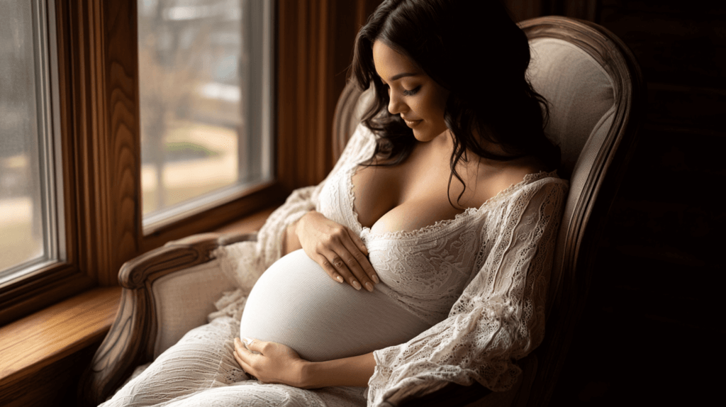pregnancy photos, pregnant woman in white sitting by the window