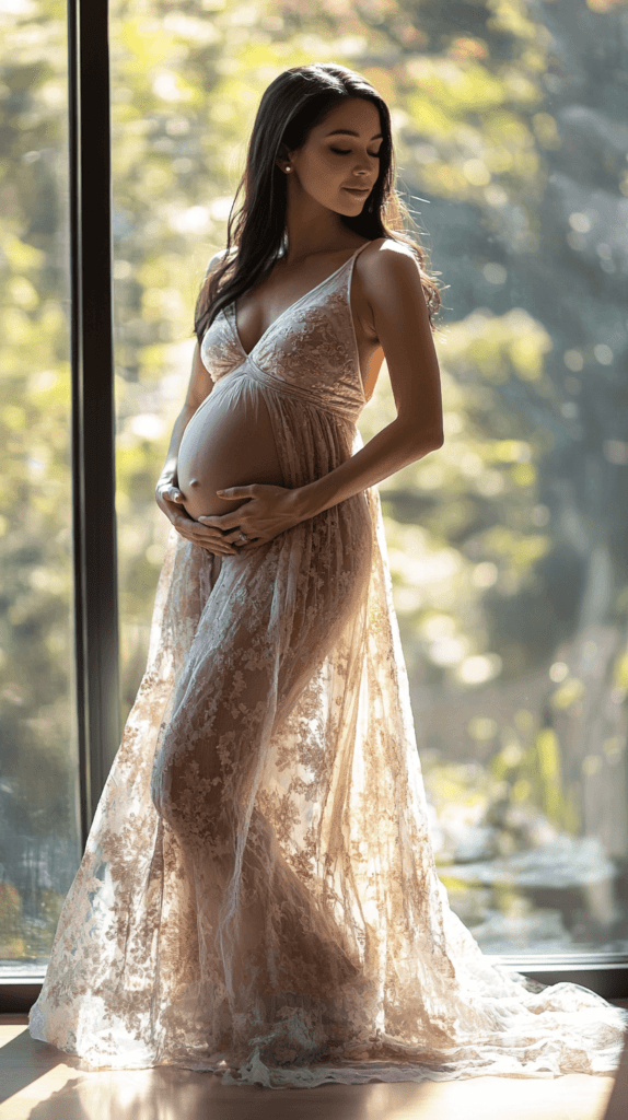 Realistic photo of a pregnant woman standing by a large window, softly backlit by natural sunlight, gently holding her baby bump with both hands, wearing a flowing dress, with a peaceful and serene expression on her face.