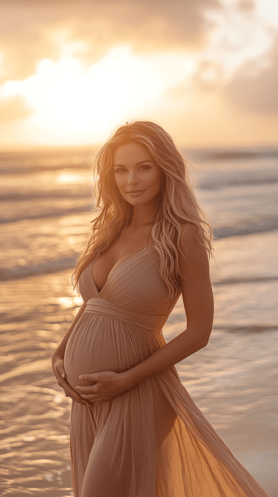 Realistic photo of a pregnant woman standing on the beach at sunset, gently cradling her belly with both hands, wearing a long flowy dress, with soft waves in the background and a calm, peaceful atmosphere.