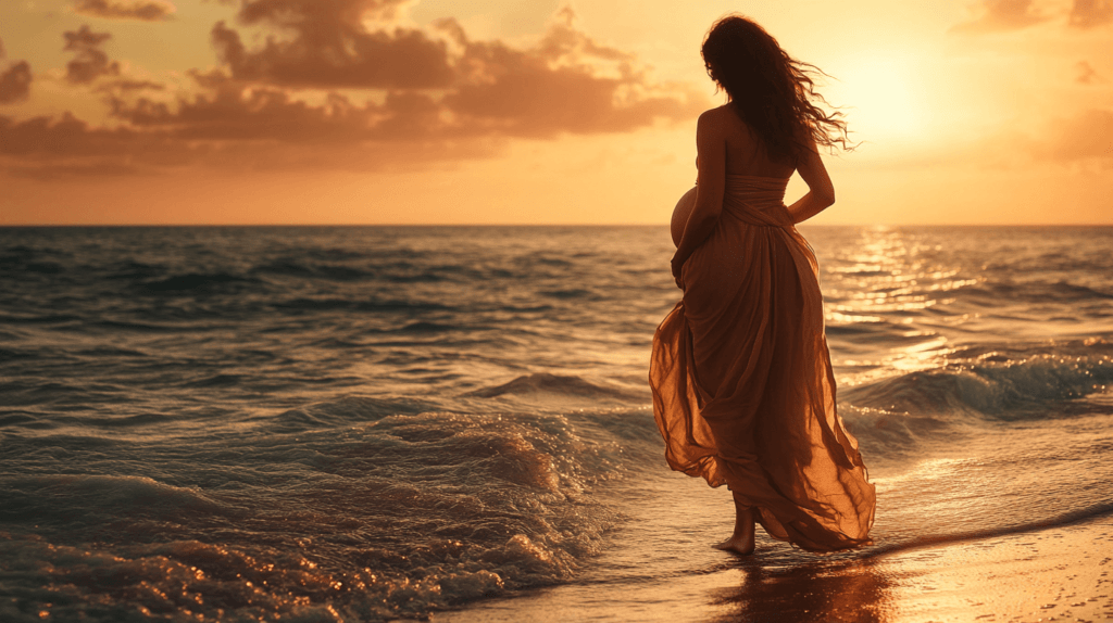 Realistic photo of a pregnant woman walking barefoot along the shoreline, holding her flowing dress with one hand and gently cradling her baby bump with the other, with soft waves lapping at her feet and the sun setting in the distance.