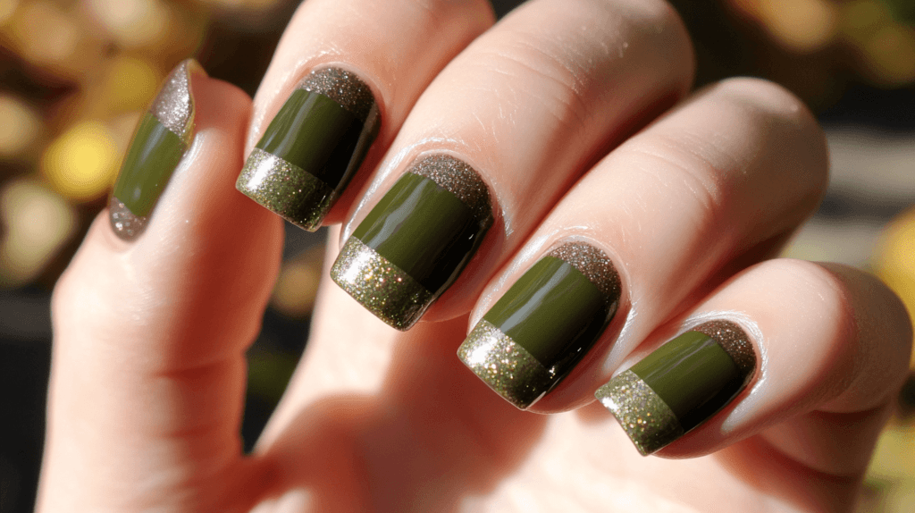 green manicure with glitter tips and bases