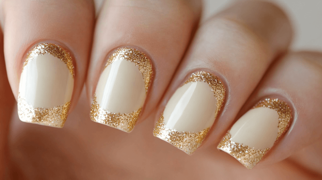 creamy beige thanksgiving nails with glitter gold tips and bases