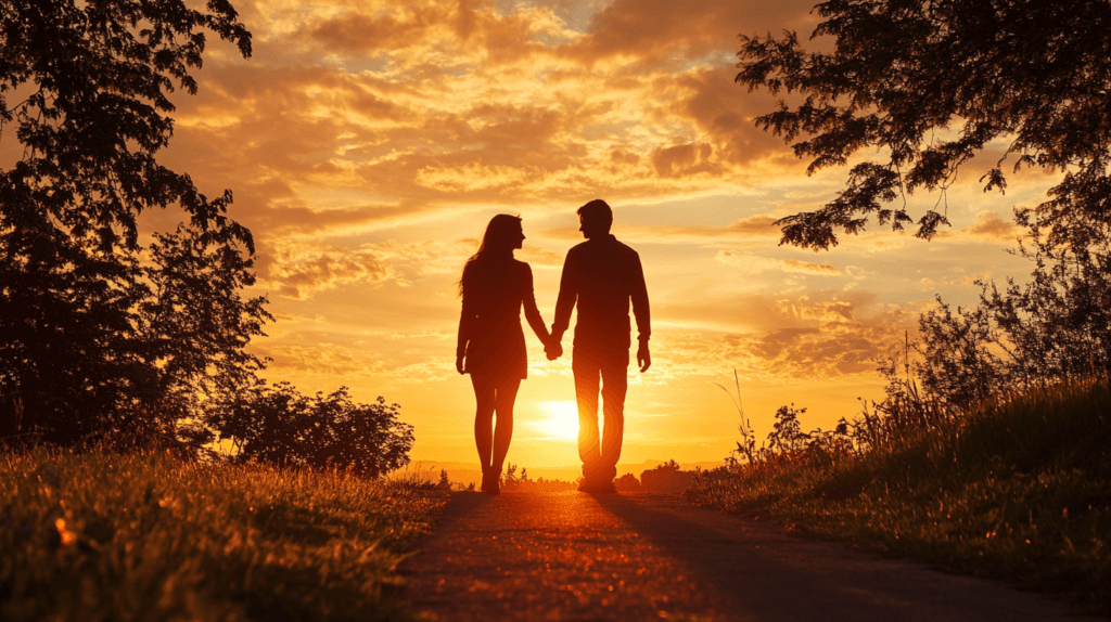 couple walking in the sunset together