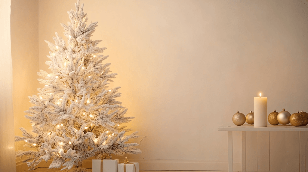 photo of a minimalist Christmas setting with a white and gold color palette: a sleek, undecorated 7' tall Christmas tree with simple white lights, a few gold ornaments, and a single candle glowing on a nearby table. The room is clean and uncluttered, with neutral tones and an elegant, peaceful vibe.