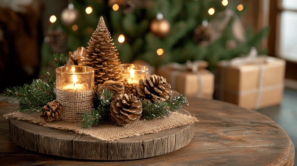 photo of a rustic Christmas scene featuring a wooden table with a simple centerpiece made of pinecones, greenery, and candles. In the background, a small Christmas tree adorned with wooden ornaments and burlap ribbon adds a cozy, country charm to the room. The lighting is soft, creating a warm and inviting holiday atmosphere.