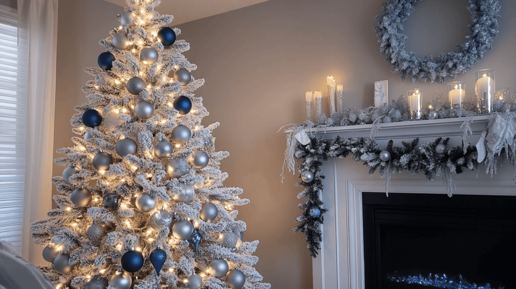 photo of a winter wonderland-themed living room with a 7' tall white Christmas tree covered in silver and blue ornaments. The tree is lightly dusted with faux snow, and soft white lights glow throughout the room. Nearby, a frosted garland is draped over the mantel, with silver candles and shimmering decorations adding to the cool, serene atmosphere. 