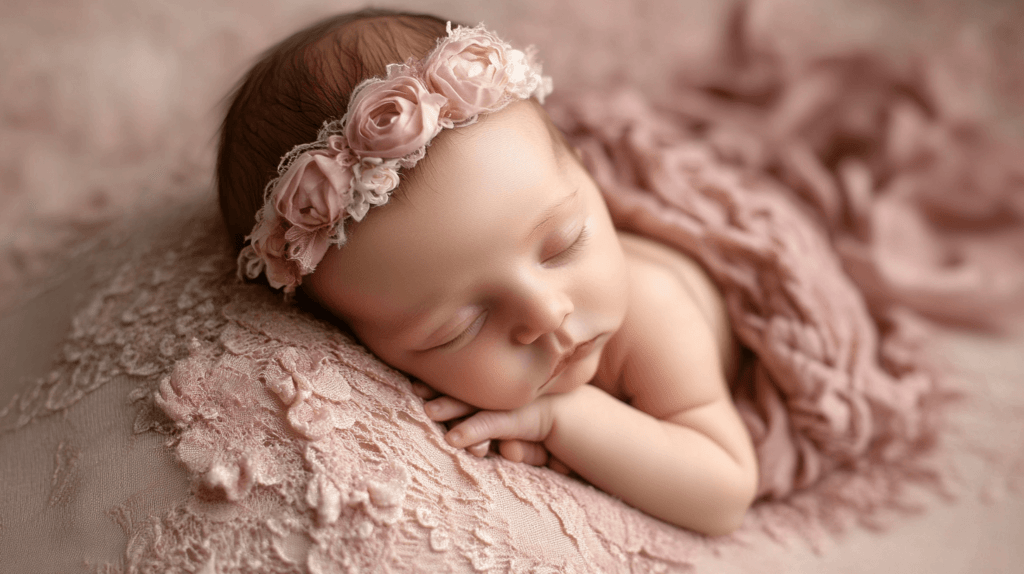 baby sleeping with floral crown on her head